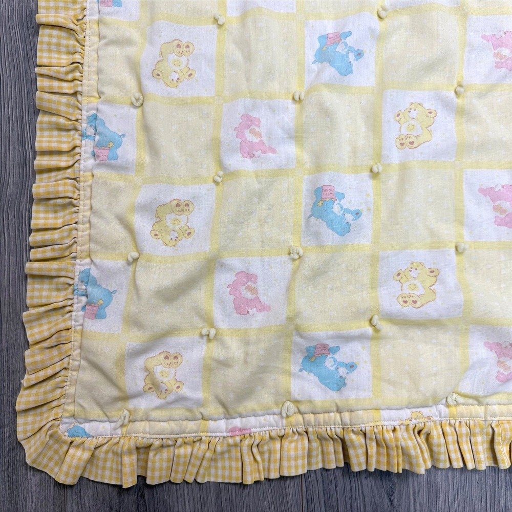 Vintage Care Bears Baby Blanket Yellow Gingham Ruffle Trim Pastel 80s Nursery